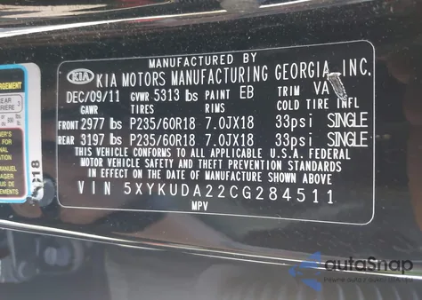 2012 Kia Sorento Ex V6 из США, поврежденный, VIN 5XYKUDA22CG284511